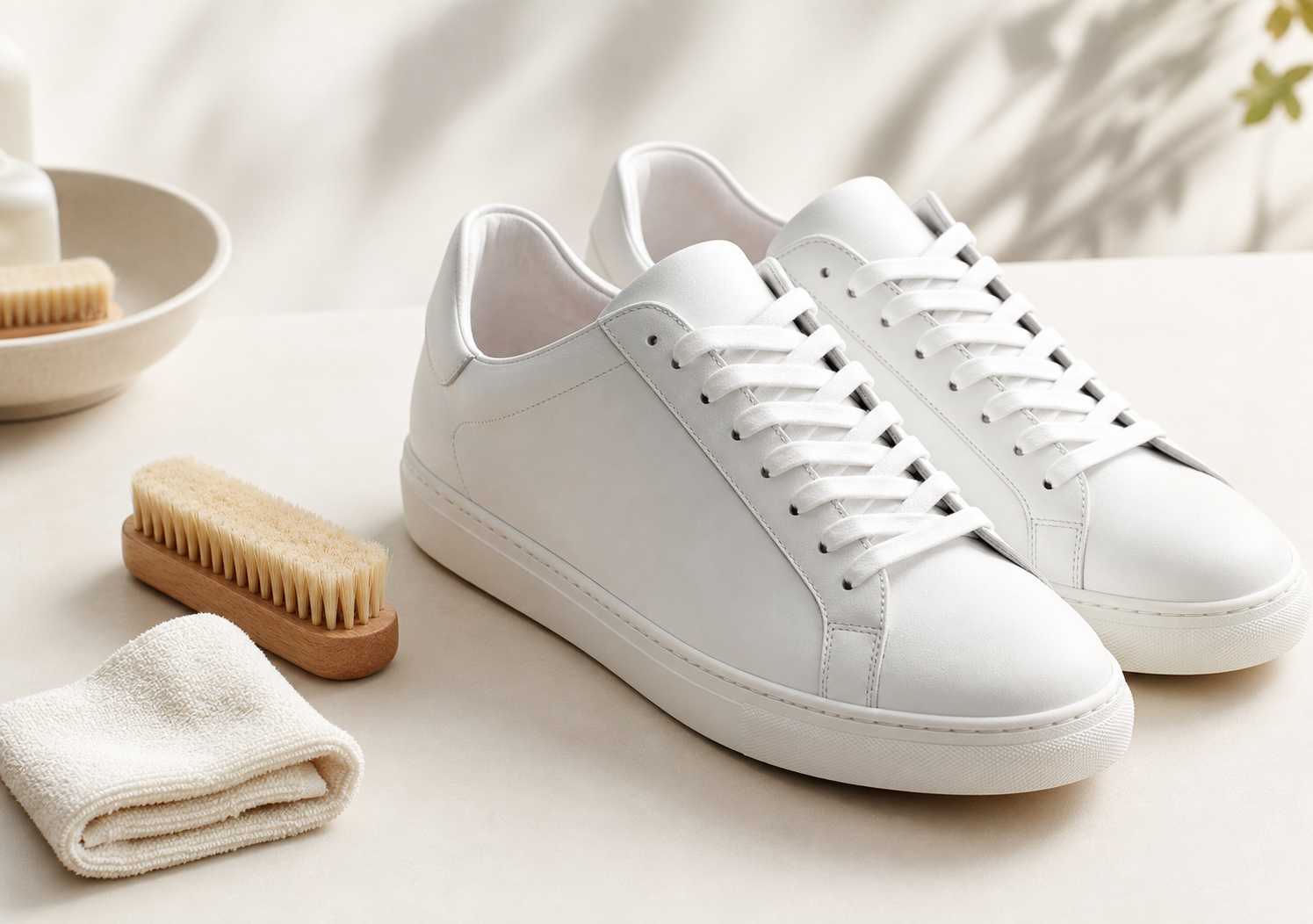 Sneakers blancos junto a elementos de limpieza